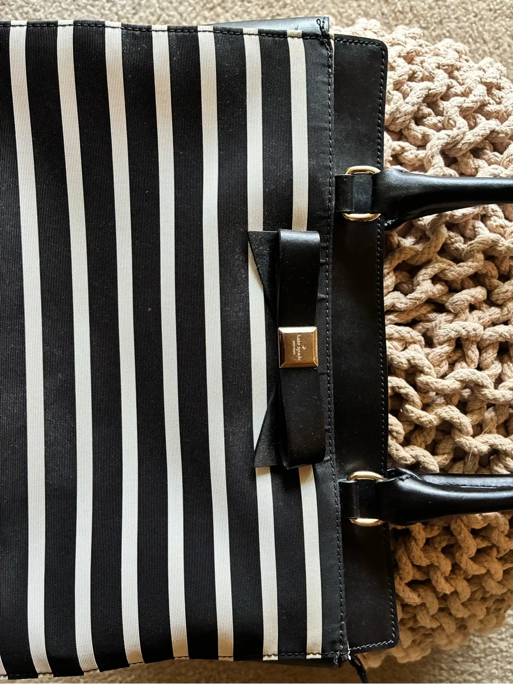 Kate Spade Montford Park Black & White Stripe Bag with Bow Accent
